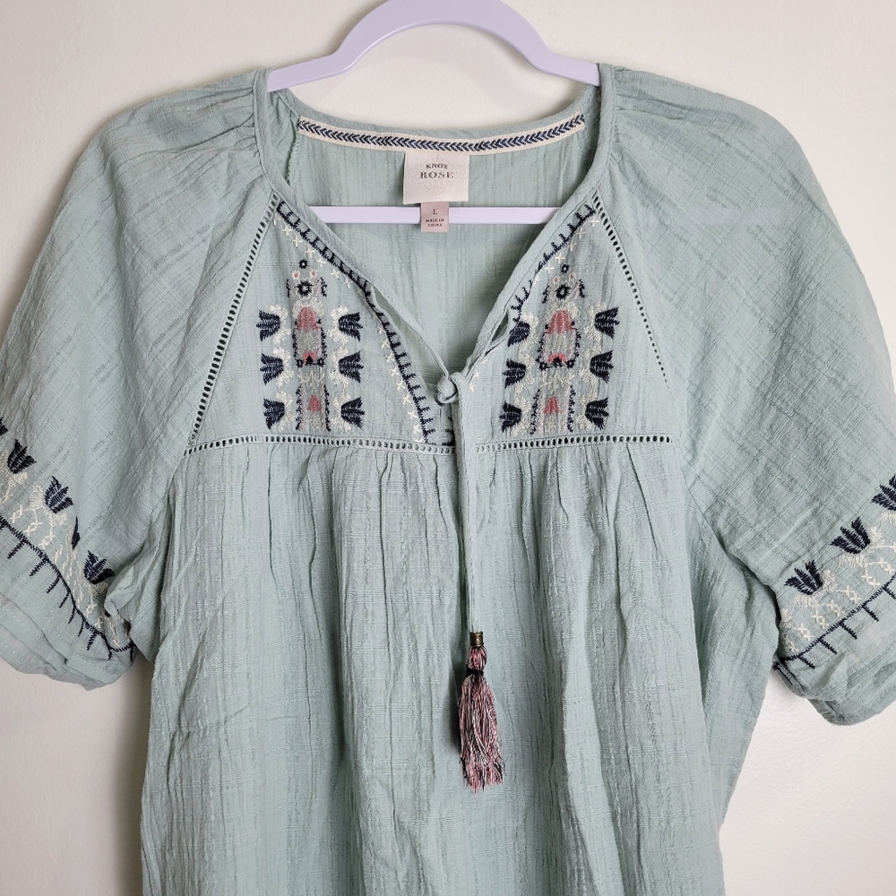 KNOX ROSE Boho Embroidered Gauze Cotton Bobydoll Top L - Picture 3 of 10